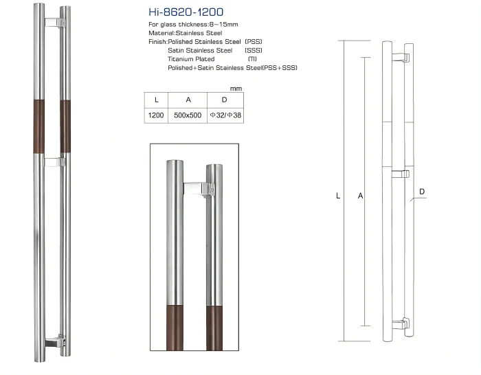 Mânere din inox pentru uși din sticlă, montate pe uși duble de intrare, lungime 1200 mm
