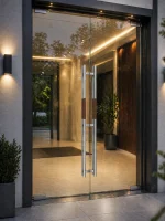 Mânere din inox pentru uși din sticlă, montate pe uși duble de intrare, lungime 1200 mm